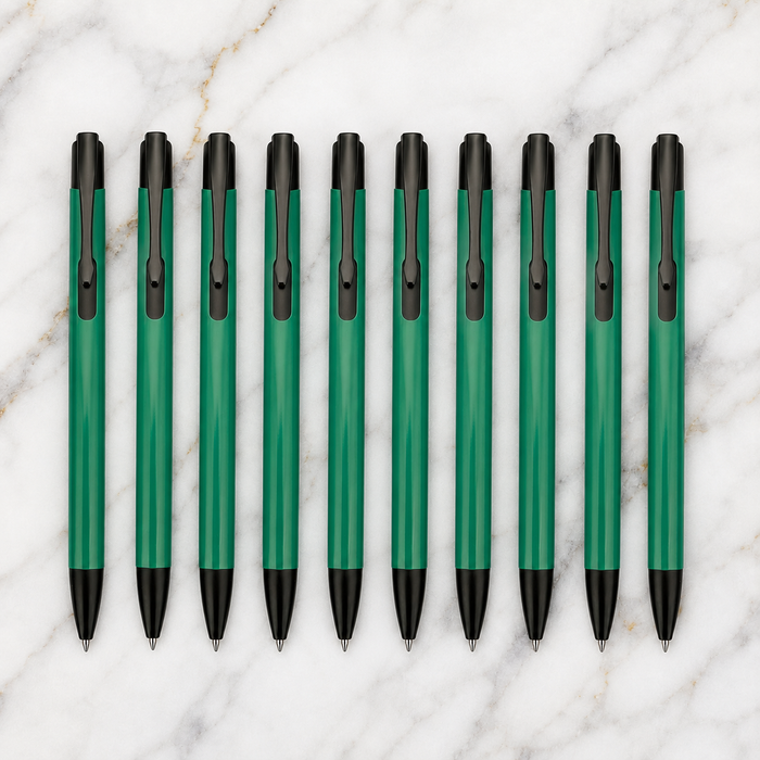 Ballpen Bazaar Ballpen Bazaar Matt Green Colour Body with Glossy Black Colour Clip Click Mechanism Ball Pen Set of 10 with 10 Extra Blue Ink Refills Premium Metal Pens for Office School Business Gifting with Name Engraving