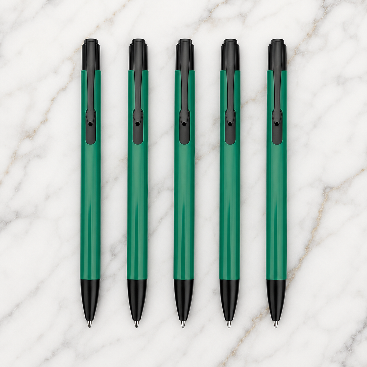 Ballpen Bazaar Ballpen Bazaar Matt Green Colour Body with Glossy Black Colour Clip Click Mechanism Ball Pen Set of 5 with 5 Extra Blue Ink Refills with Name Engraving