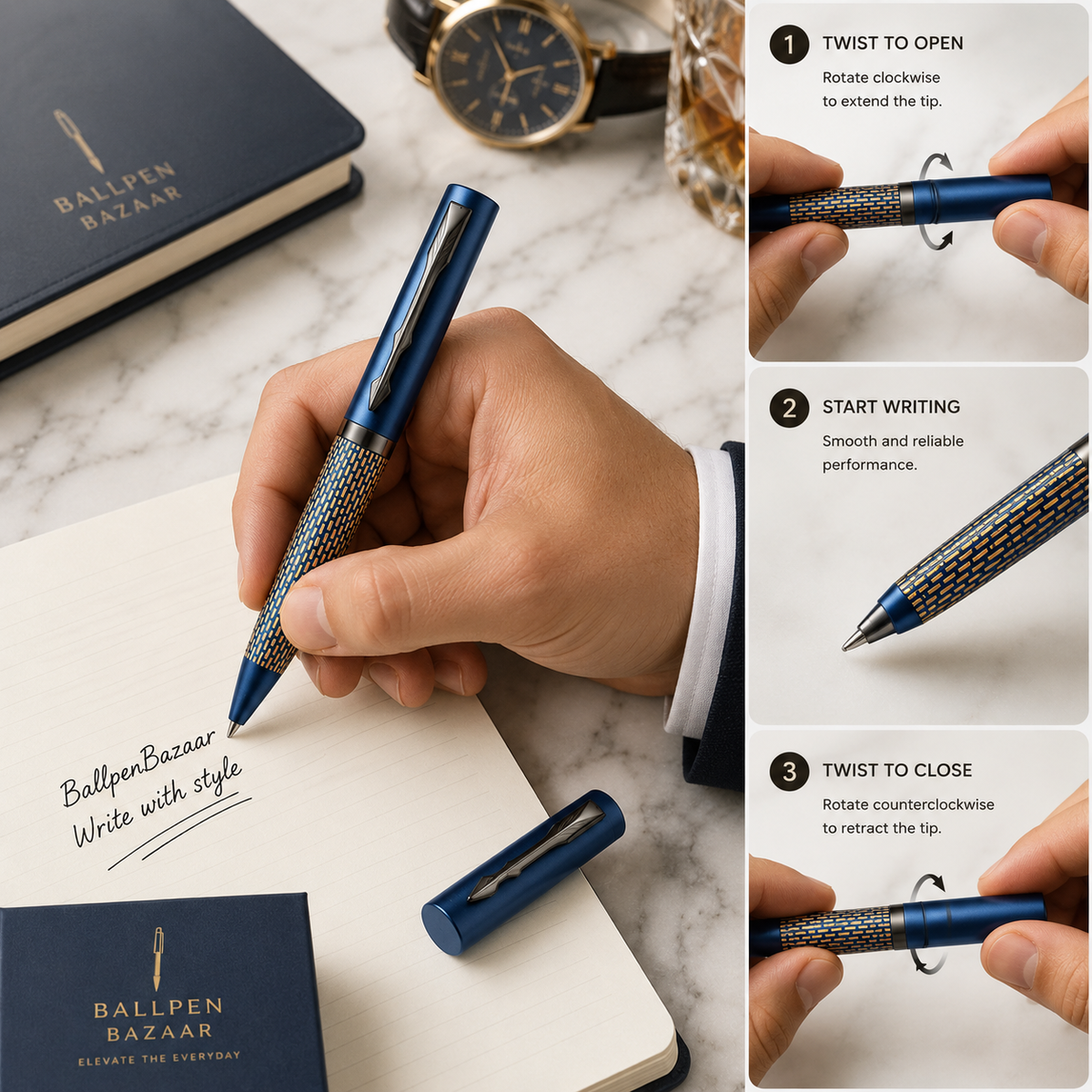 Ballpen Bazaar Ballpen Bazaar Matt Pearl Blue Ball Pen with Blue Grid Design & Glossy Blue Clip | Twist Mechanism | Blue Ink | 1 Pen with 1 Free Extra Refill with Name Engraving