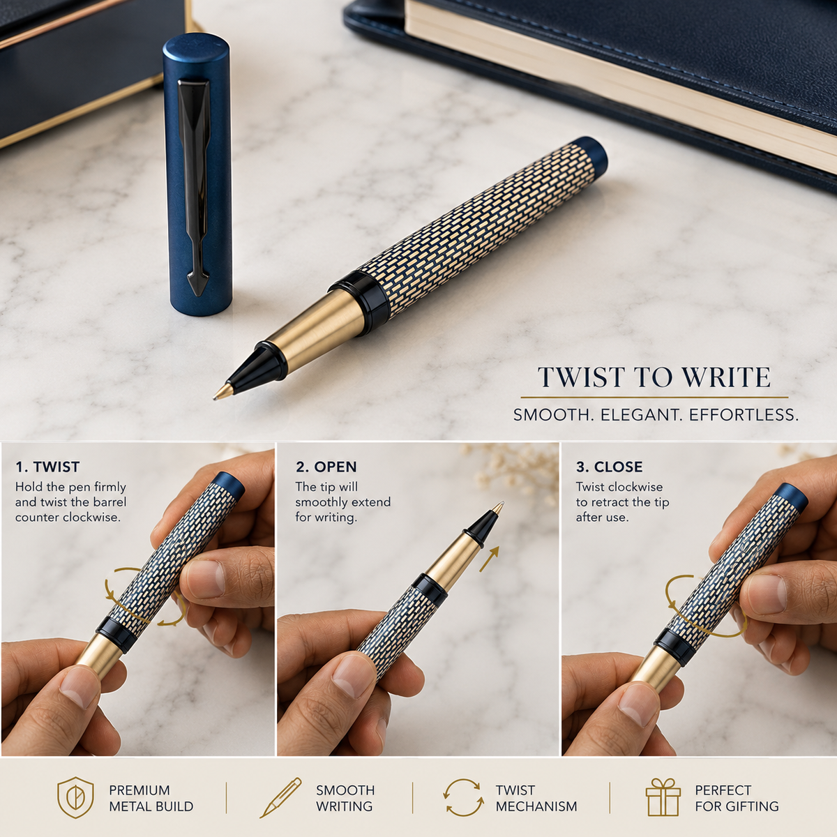 Ballpen Bazaar Ballpen Bazaar Matt Pearl White Ball Pen with Blue Grid Design & Glossy Blue Clip | Openable Cap Mechanism | Blue Ink Metal Pen | 1 Pen with 1 Free Blue Refill with Name Engraving
