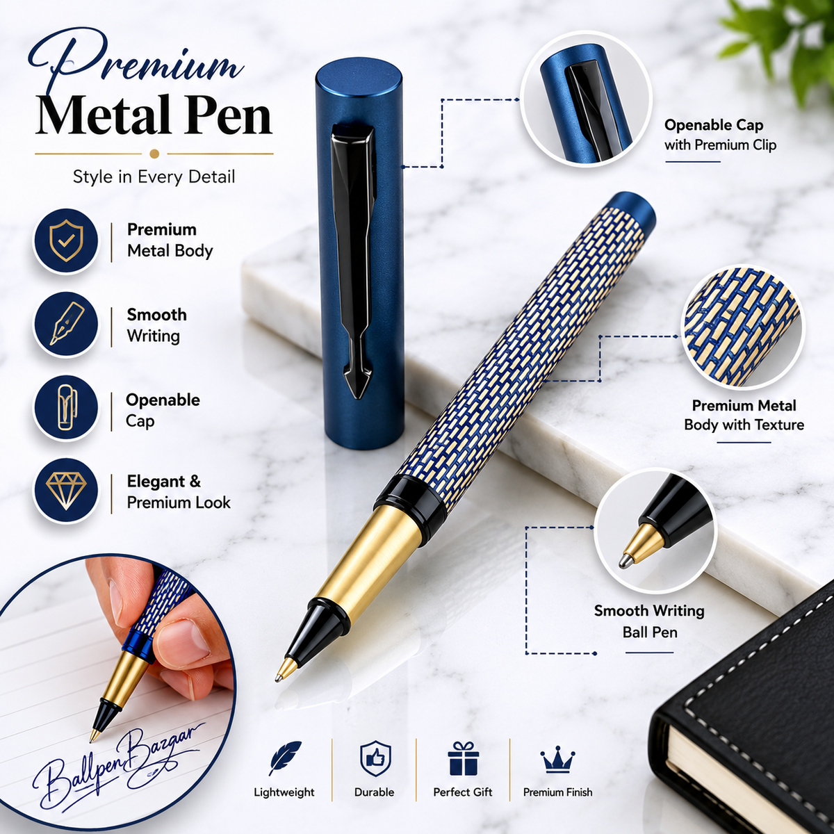 Ballpen Bazaar Ballpen Bazaar Matt Pearl White Ball Pen with Blue Grid Design & Glossy Blue Clip | Openable Cap Mechanism | Blue Ink Metal Pen | 1 Pen with 1 Free Blue Refill with Name Engraving