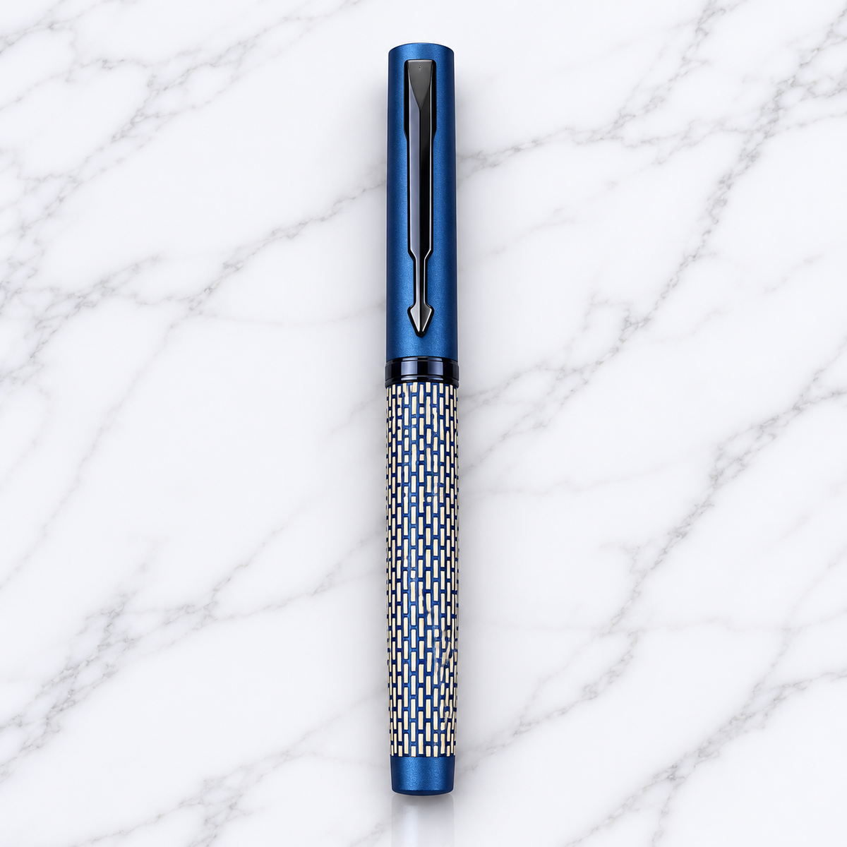 Ballpen Bazaar Ballpen Bazaar Matt Pearl White Ball Pen with Blue Grid Design & Glossy Blue Clip | Openable Cap Mechanism | Blue Ink Metal Pen | 1 Pen with 1 Free Blue Refill with Name Engraving