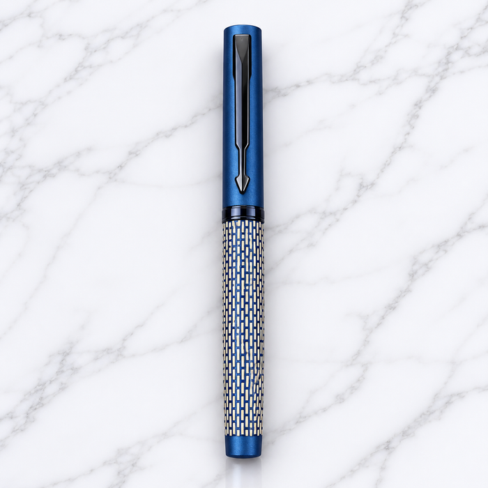 Ballpen Bazaar Ballpen Bazaar Matt Pearl White Ball Pen with Blue Grid Design & Glossy Blue Clip | Openable Cap Mechanism | Blue Ink Metal Pen | 1 Pen with 1 Free Blue Refill with Name Engraving