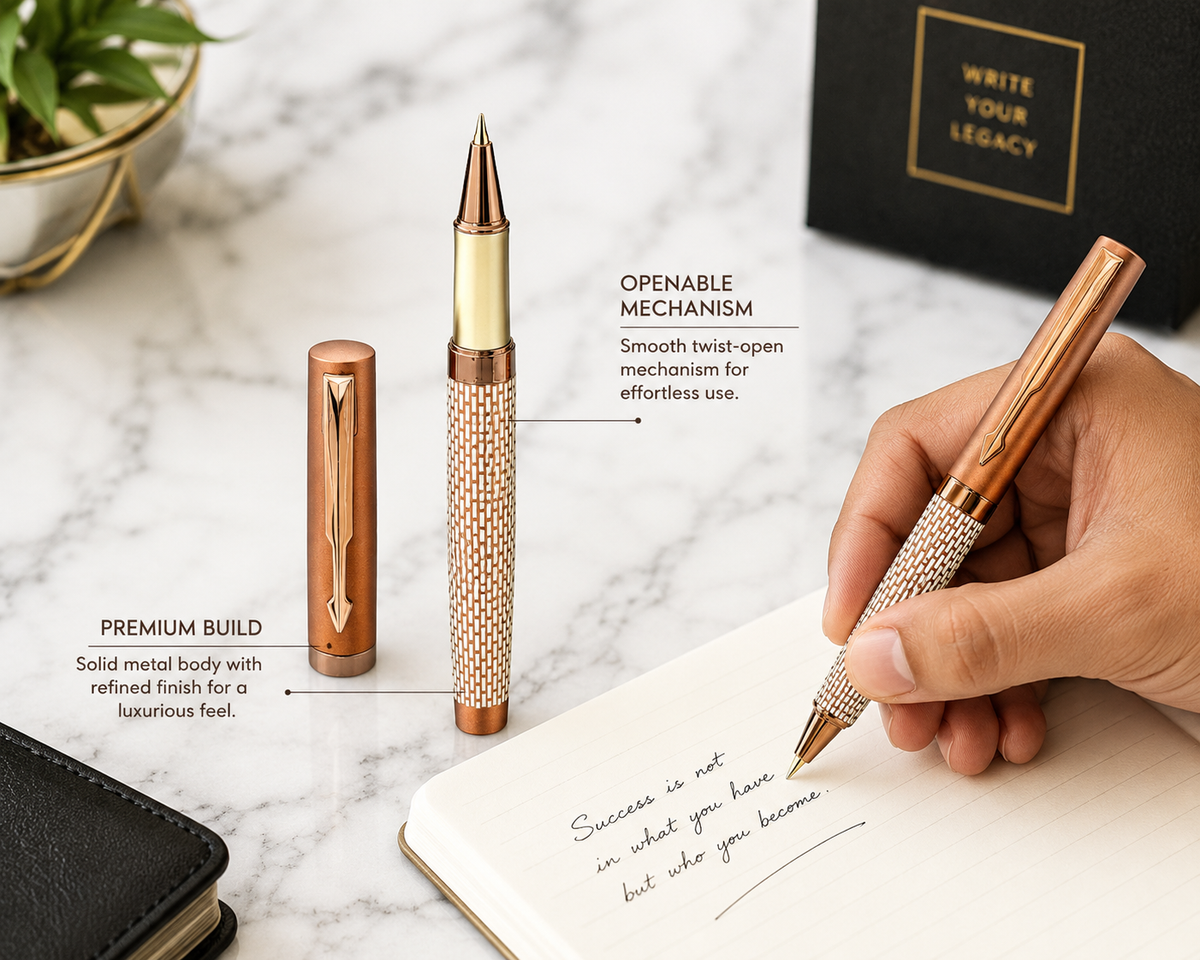 Ballpen Bazaar Ballpen Bazaar Matt Pearl White Ball Pen with Brown Grid Design & Glossy Brown Clip | Openable Cap Mechanism | Blue Ink | 1 Pen with 1 Free Extra Refill with Name Engraving