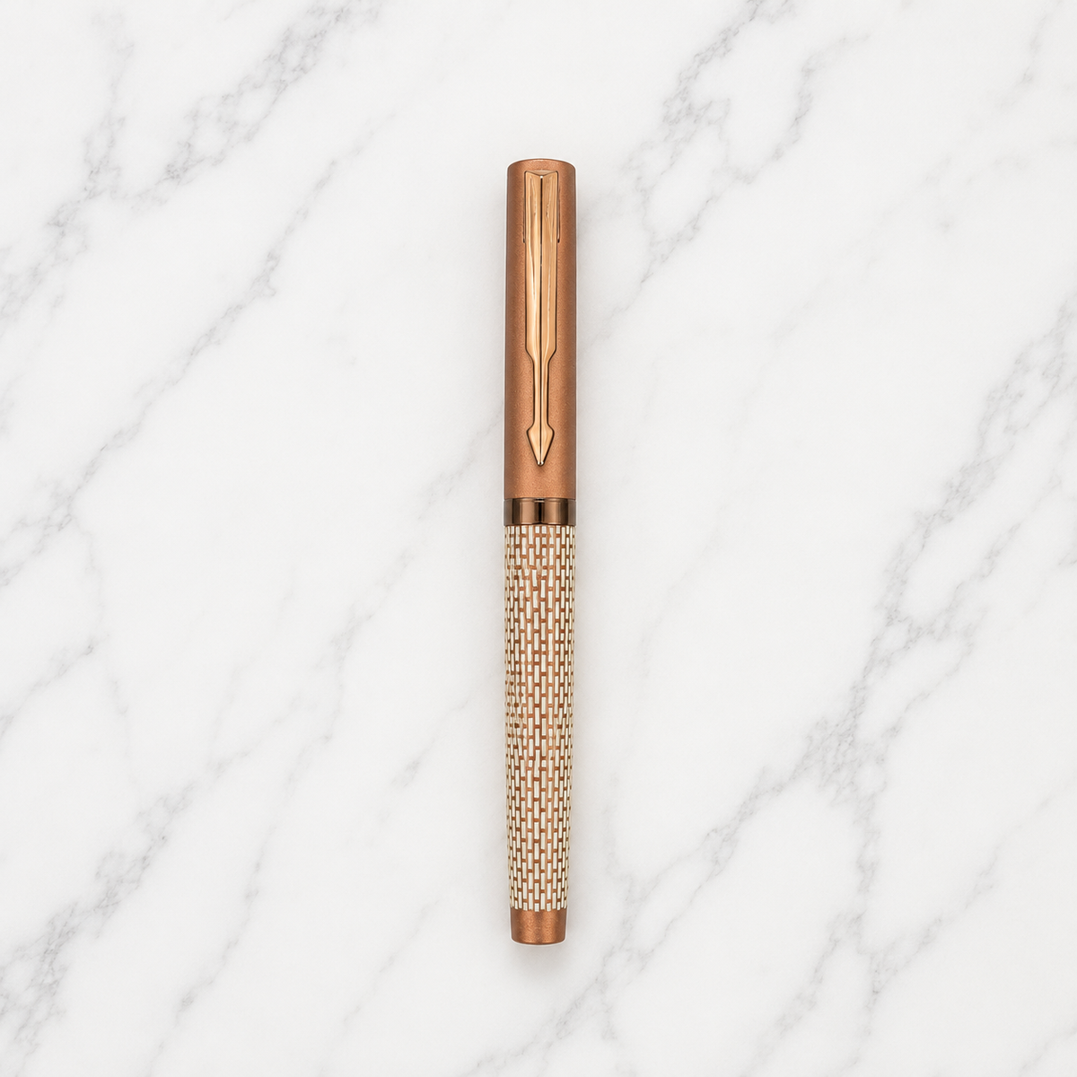Ballpen Bazaar Ballpen Bazaar Matt Pearl White Ball Pen with Brown Grid Design & Glossy Brown Clip | Openable Cap Mechanism | Blue Ink | 1 Pen with 1 Free Extra Refill with Name Engraving