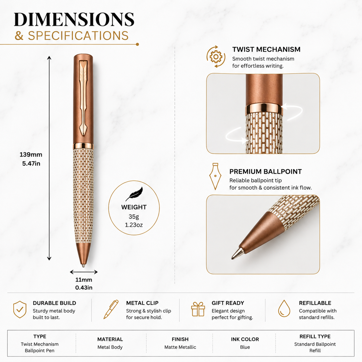 Ballpen Bazaar Ballpen Bazaar Matt Pearl White Ball Pen with Brown Grid Design & Glossy Brown Clip | Twist Mechanism | Blue Ink | Premium Metal Pen with 1 Free Refill | Pack of 1 with Name Engraving