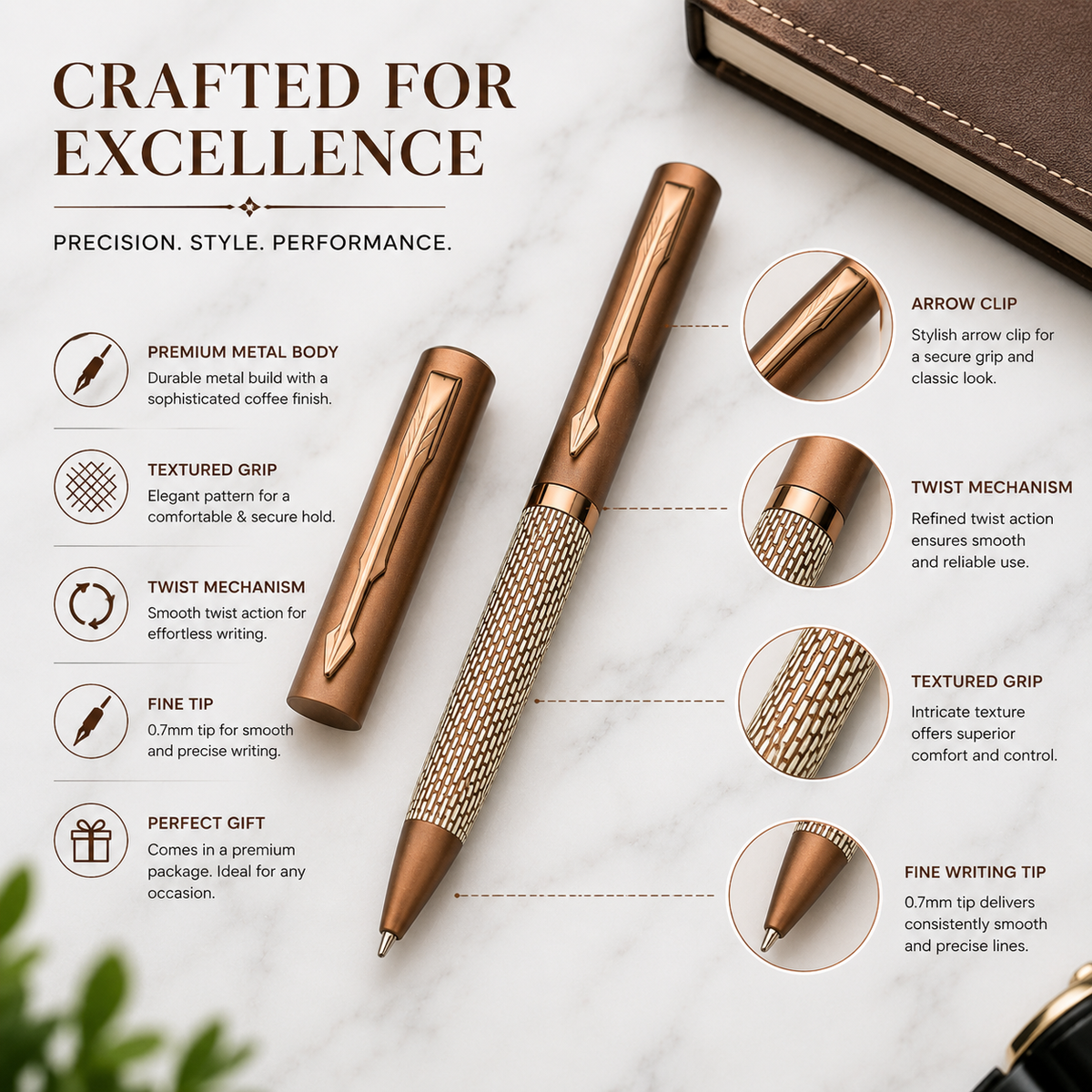 Ballpen Bazaar Ballpen Bazaar Matt Pearl White Ball Pen with Brown Grid Design & Glossy Brown Clip | Twist Mechanism | Blue Ink | Premium Metal Pen with 1 Free Refill | Pack of 1 with Name Engraving
