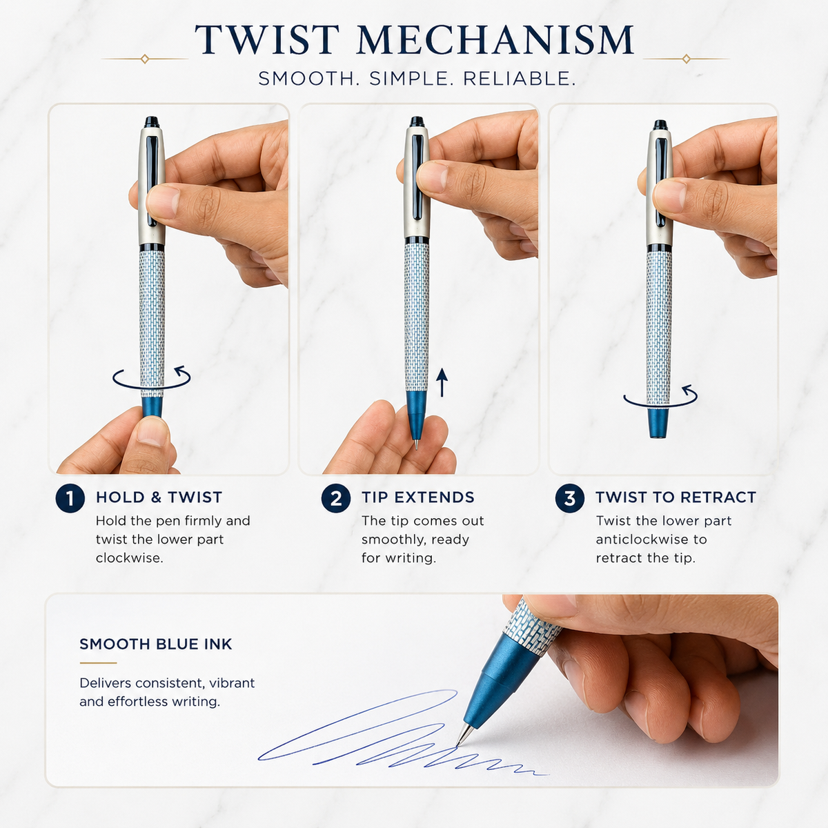 Ballpen Bazaar Ballpen Bazaar Matt Pearl White & Blue Grid Design Ball Pen with Glossy Brown Clip | Twist Mechanism | Blue Ink | Premium Metal Pen with 1 Free Extra Refill | Pack of 1 with Name Engraving