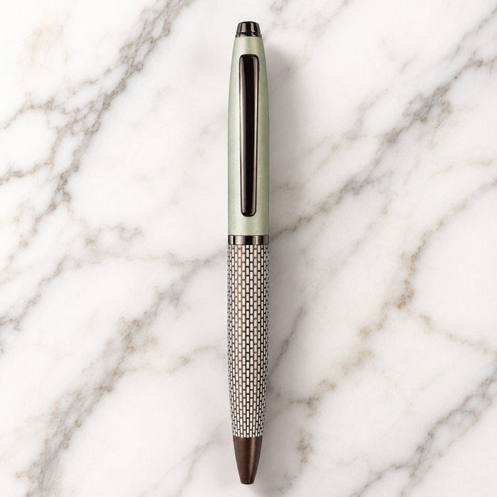 Ballpen Bazaar Ballpen Bazaar Matt Pearl White & Brown Grid Design Ball Pen with Glossy Brown Clip | Twist Mechanism | Blue Ink | 1 Premium Metal Pen with 1 Extra Blue Refill Free with Name Engraving
