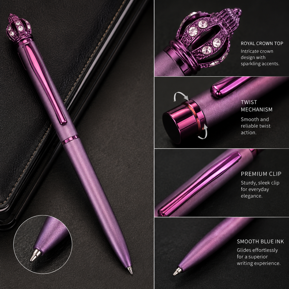 Ballpen Bazaar Ballpen Bazaar Matt Purple Ball Pen with Purple Clip & Crown Top Twist Mechanism Blue Ink Metal Pen with 1 Extra Refill for Office, Business, Students & Gifting with Name Engraving