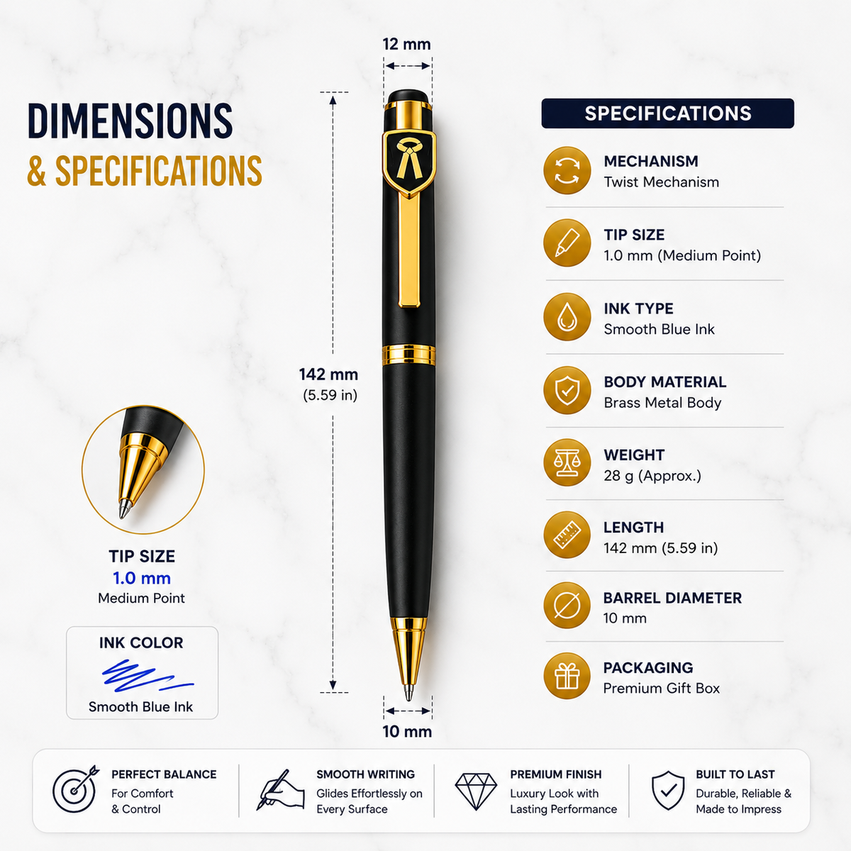 Ballpen Bazaar Ballpen Bazaar Matte Black Ball Pen with Gold Advocate Logo Clip | Twist Mechanism | Blue Ink | Premium Metal Pen | 1 Pen with 1 Extra Blue Refill with Name Engraving