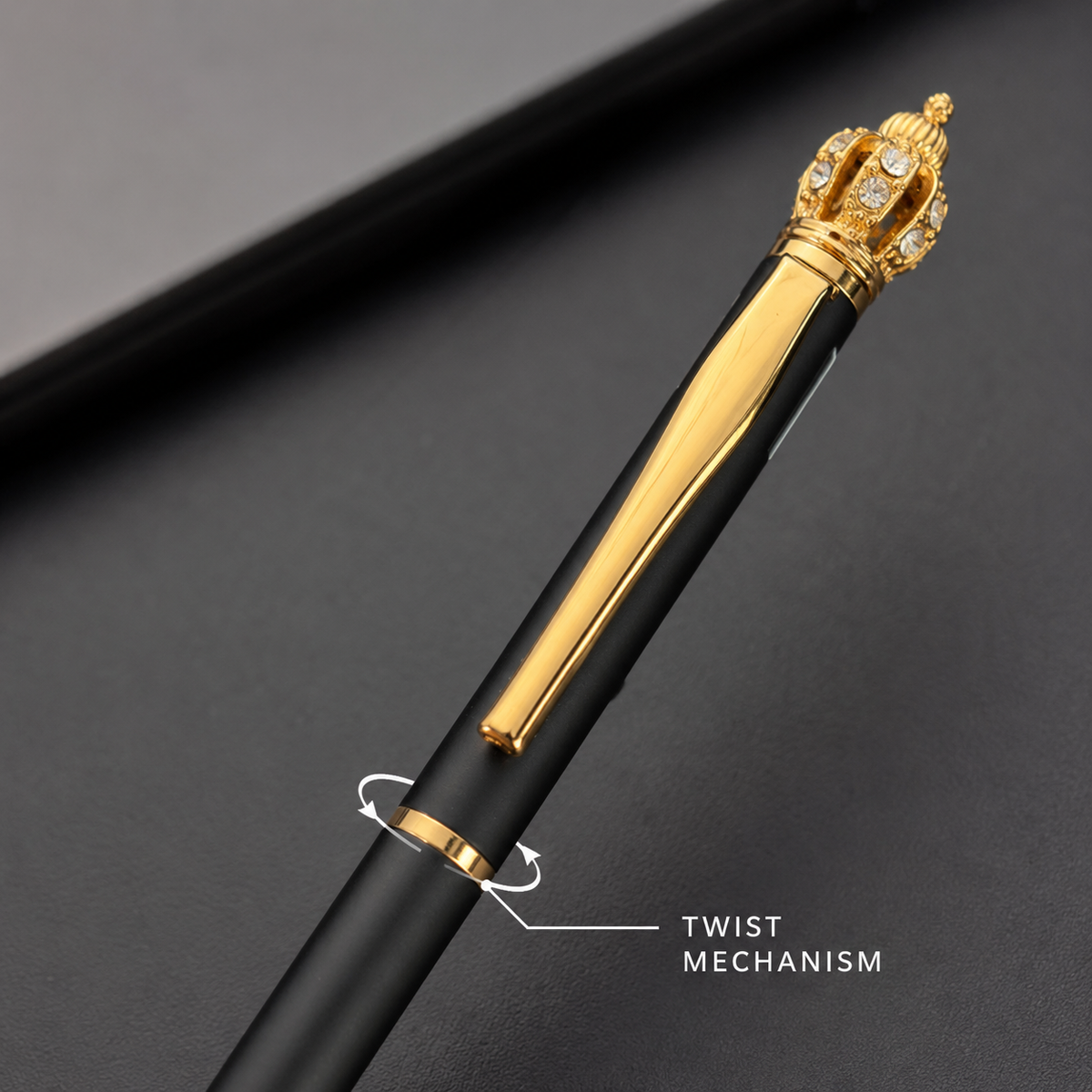 Ballpen Bazaar Ballpen Bazaar Matte Black Ball Pen with Gold Clip & Diamond Crown Top | Twist Mechanism | Blue Ink | Premium Metal Executive Pen | 1 Pen with 1 Extra Blue Refill with Name Engraving