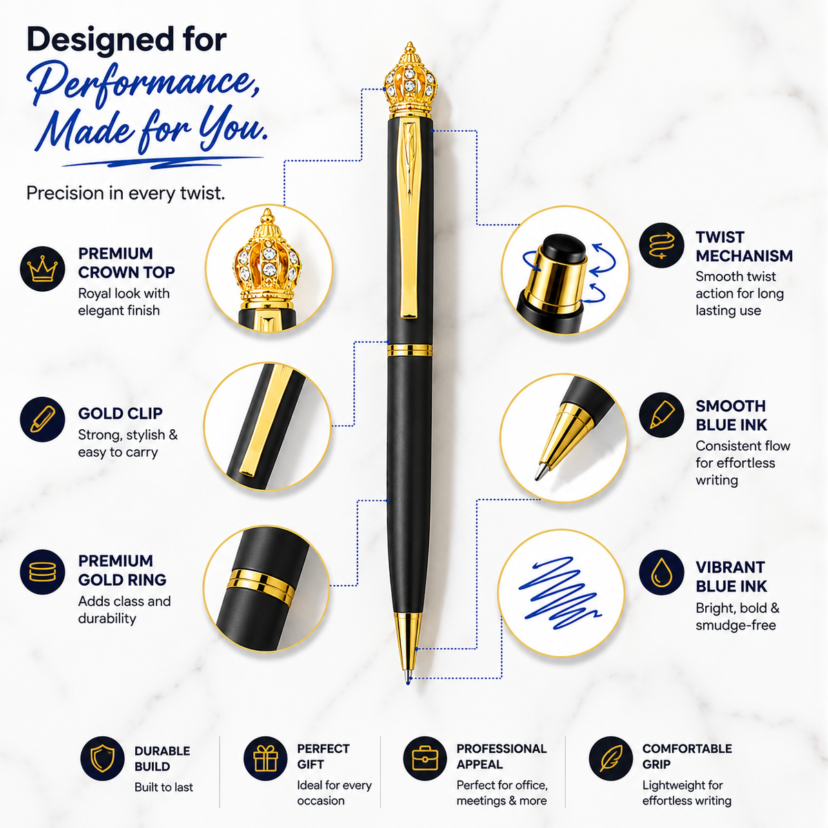 Ballpen Bazaar Ballpen Bazaar Matte Black Ball Pen with Gold Clip & Diamond Crown Top | Twist Mechanism | Blue Ink | Premium Metal Executive Pen | 1 Pen with 1 Extra Blue Refill with Name Engraving