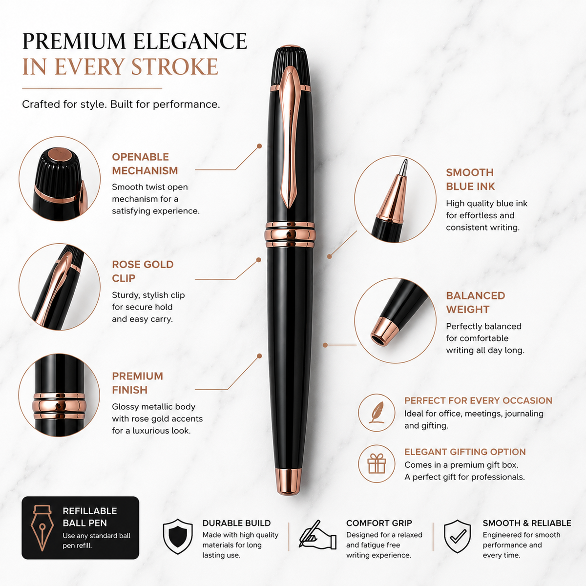 Ballpen Bazaar Ballpen Bazaar Metallic Glossy Black Ball Pen with Black Cap & Copper Clip | Openable Metal Pen | Blue Ink | 1 Pen with 1 Extra Blue Refill with Name Engraving