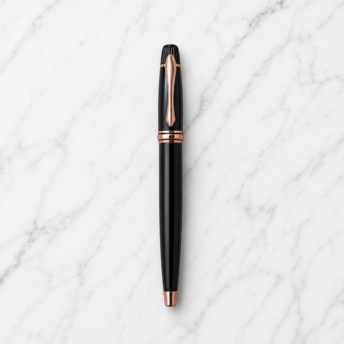 Ballpen Bazaar Ballpen Bazaar Metallic Glossy Black Ball Pen with Black Cap & Copper Clip | Openable Metal Pen | Blue Ink | 1 Pen with 1 Extra Blue Refill with Name Engraving
