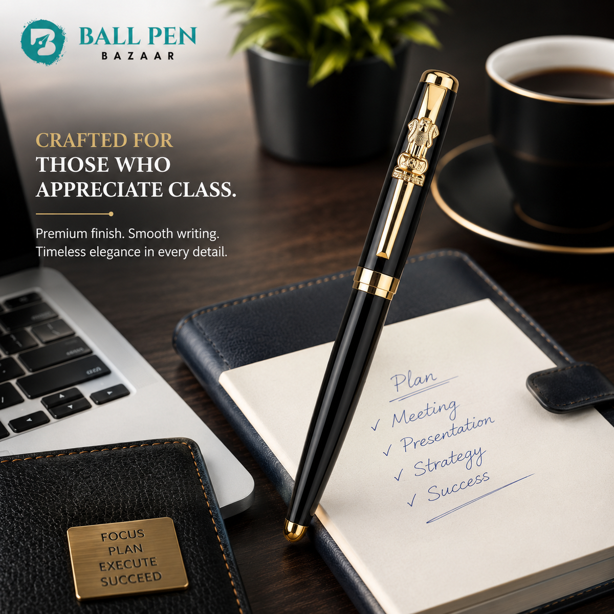 Metallic black openable ball pen with gold Ashoka emblem clip