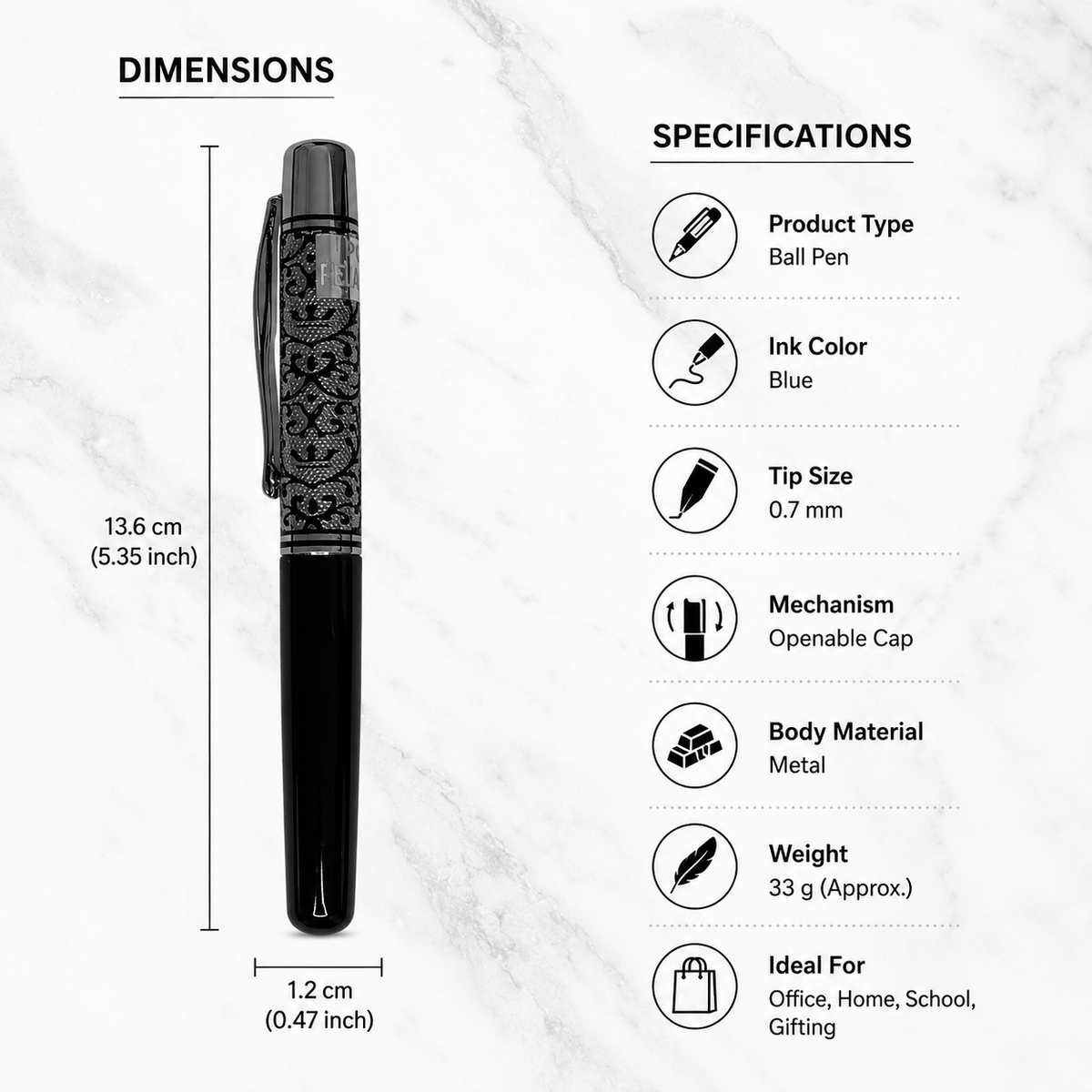 Ballpen Bazaar Ballpen Bazaar Metallic Glossy Black Ball Pen with Designer Silver Cap Openable Mechanism Blue Ink | 1 Pen + 1 Extra Refill with Name Engraving