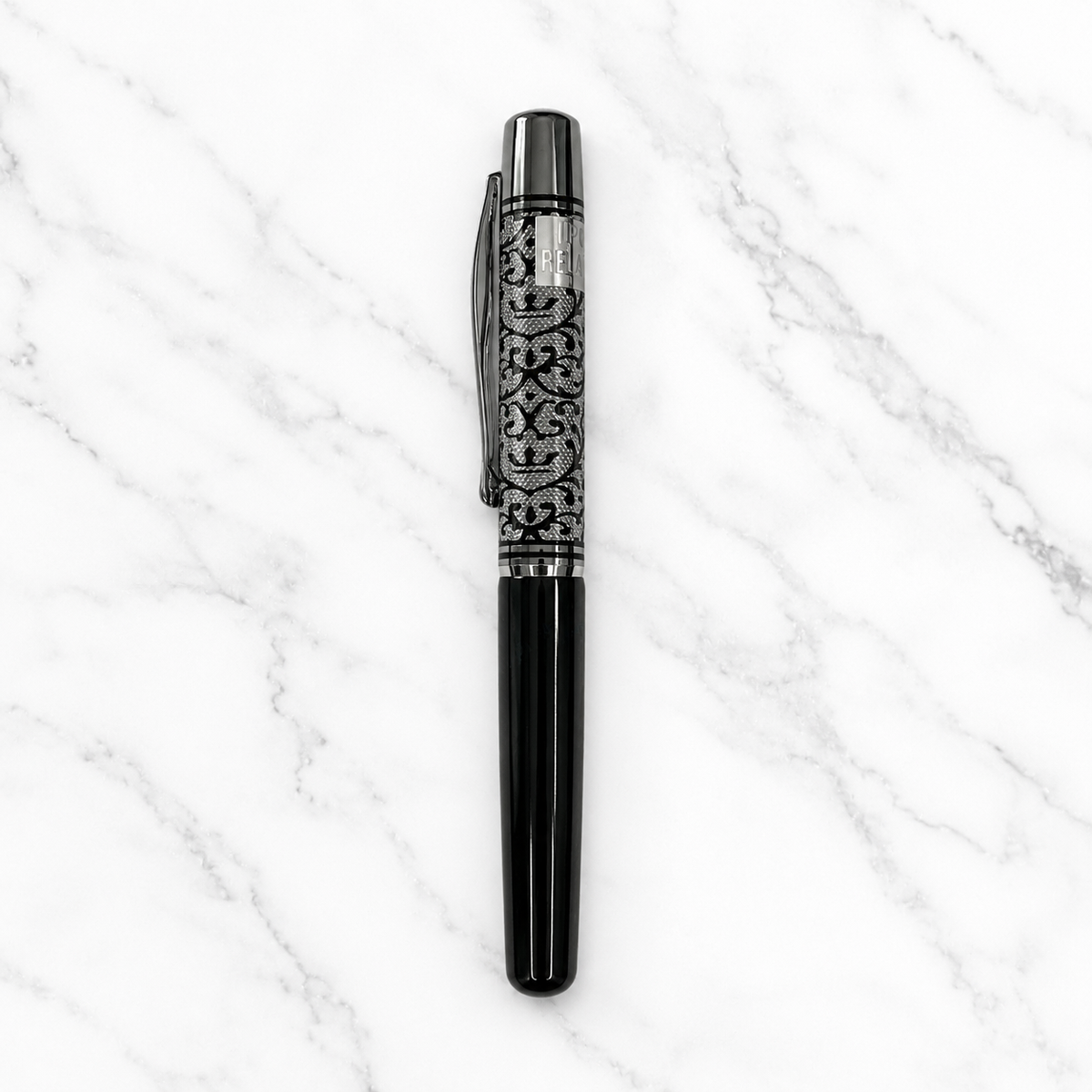 Ballpen Bazaar Ballpen Bazaar Metallic Glossy Black Ball Pen with Designer Silver Cap Openable Mechanism Blue Ink | 1 Pen + 1 Extra Refill with Name Engraving