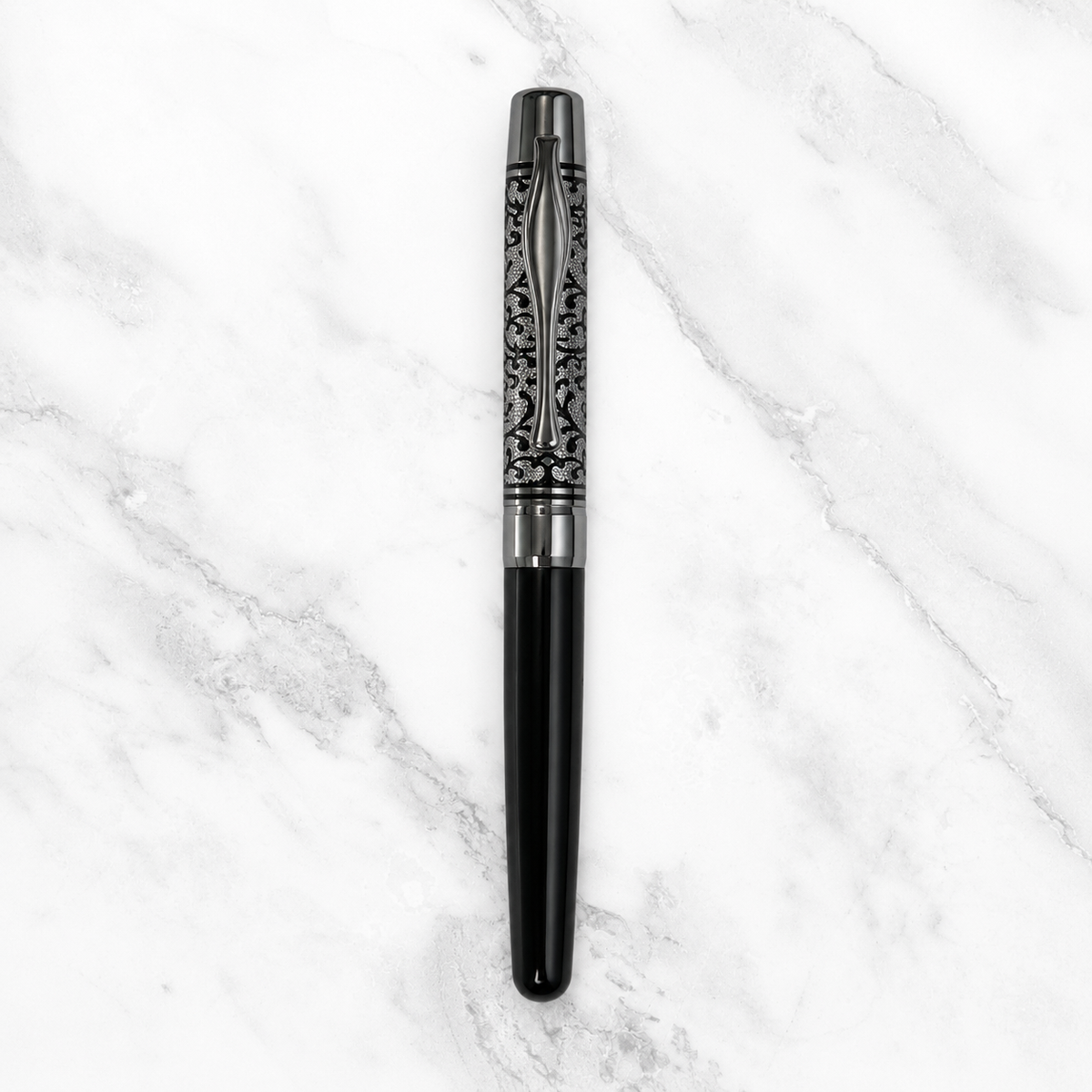 Ballpen Bazaar Ballpen Bazaar Metallic Glossy Black Ball Pen with Designer Silver Cap Openable Mechanism Blue Ink | 1 Pen + 1 Extra Refill with Name Engraving
