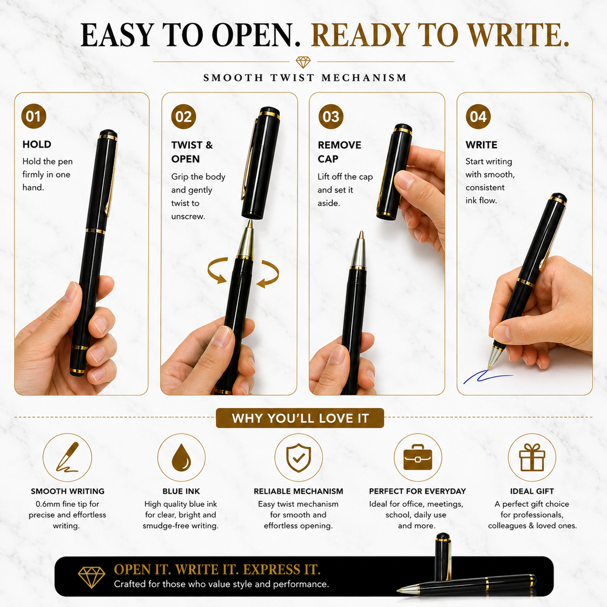Ballpen Bazaar Ballpen Bazaar Metallic Glossy Black Ball Pen with Gold Clip Openable Mechanism Blue Ink 1 Pen with 1 Extra Refill with Name Engraving