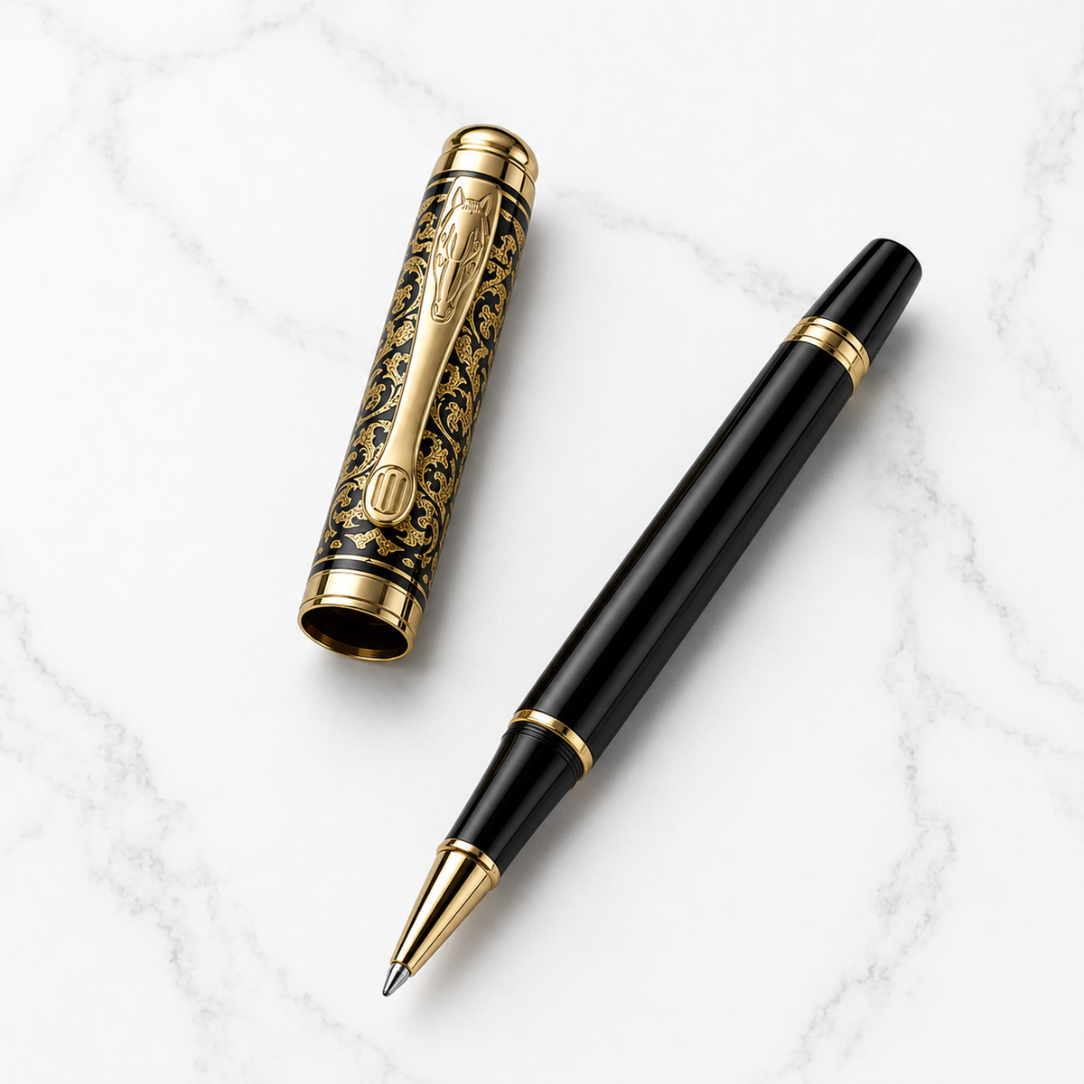 Ballpen Bazaar Ballpen Bazaar Metallic Glossy Black Ball Pen with Gold Designer Cap & Horse Symbol Clip | Openable Metal Pen | Blue Ink | 1 Pen with 1 Extra Refill with Name Engraving