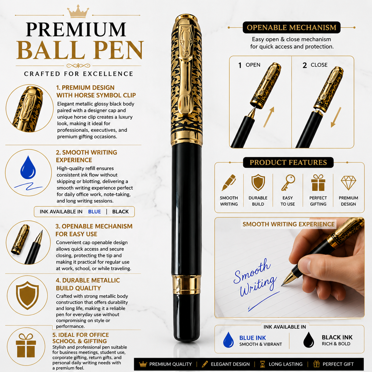 Ballpen Bazaar Ballpen Bazaar Metallic Glossy Black Ball Pen with Gold Designer Cap & Horse Symbol Clip | Openable Metal Pen | Blue Ink | 1 Pen with 1 Extra Refill with Name Engraving