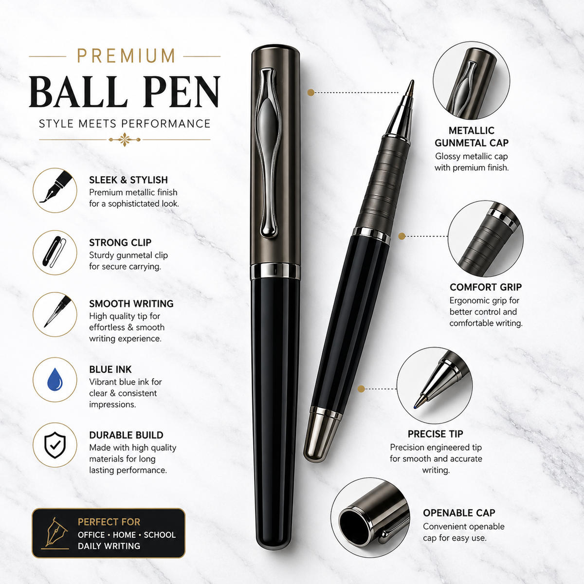 Ballpen Bazaar Ballpen Bazaar Metallic Glossy Black Ball Pen with Gunmetal Cap & Clip | Openable Cap | Blue Ink | Free 1 Refill | 1 Pc with Name Engraving