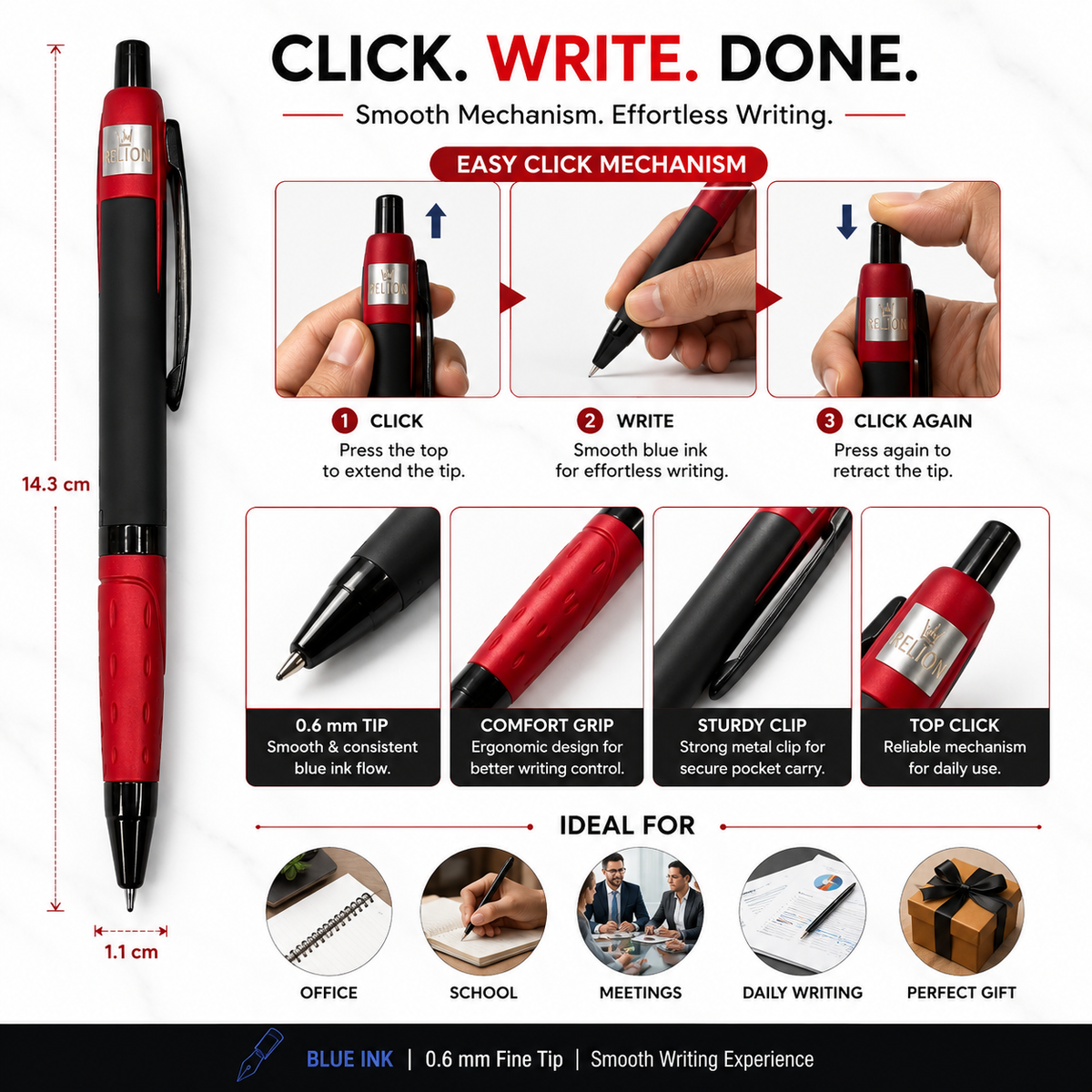 Ballpen Bazaar Ballpen Bazaar Metallic Glossy Black Ball Pen with Red Design | Click Mechanism | Blue Ink | 1 Pen with 1 Extra Blue Refill with Name Engraving