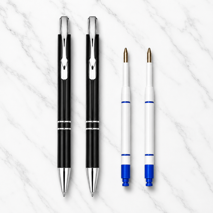 Ballpen Bazaar Ballpen Bazaar Metallic Glossy Black Ball Pen with Silver Clip | Click Mechanism | Blue Ink | 2 Free Plastic Jotter Blue Ink Refills | Pack of 2 with Name Engraving
