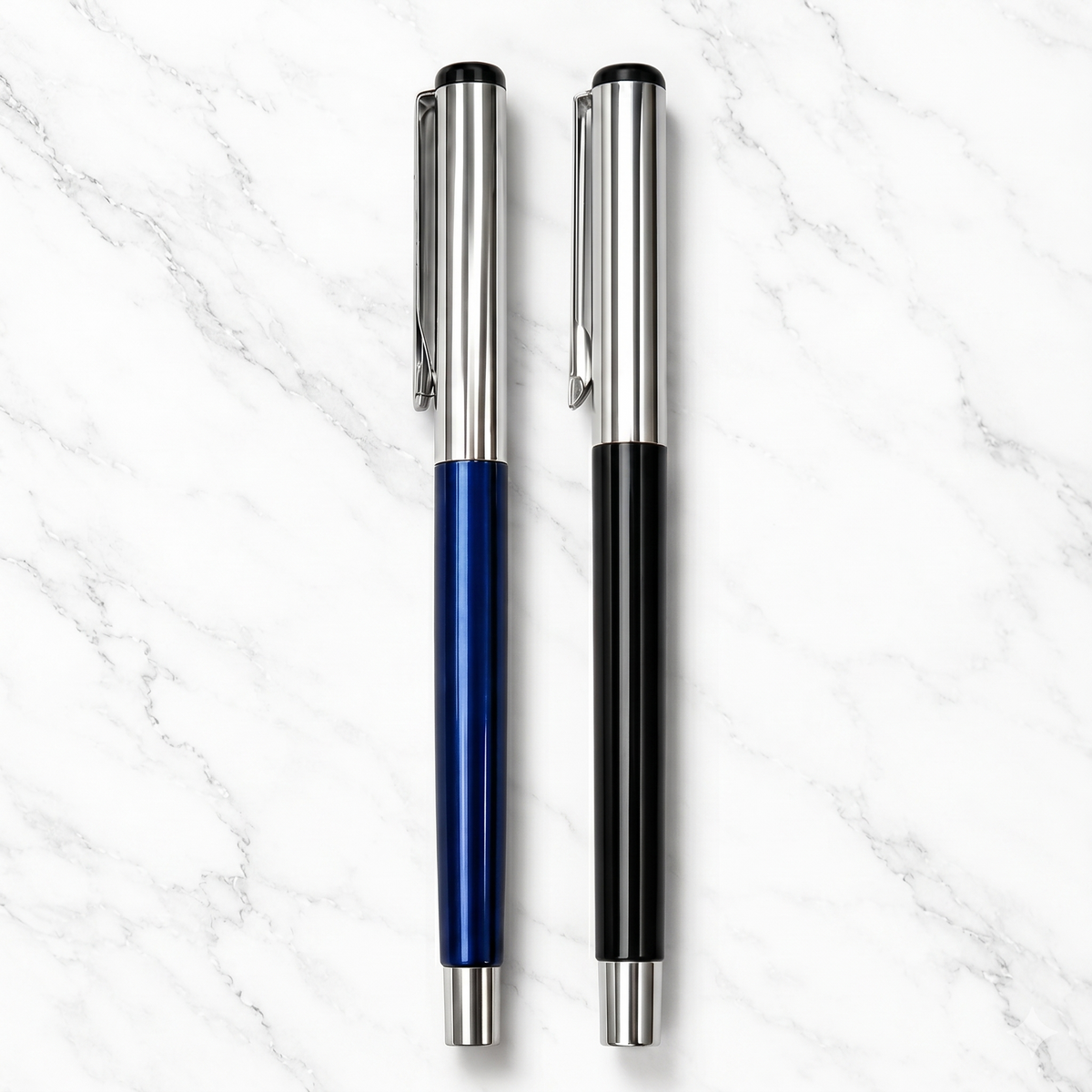 Ballpen Bazaar Ballpen Bazaar Metallic Glossy Black & Blue Ball Pen Set with Silver Cap | Openable Mechanism | Blue Ink | 2 Pens + 2 Extra Refills with Name Engraving