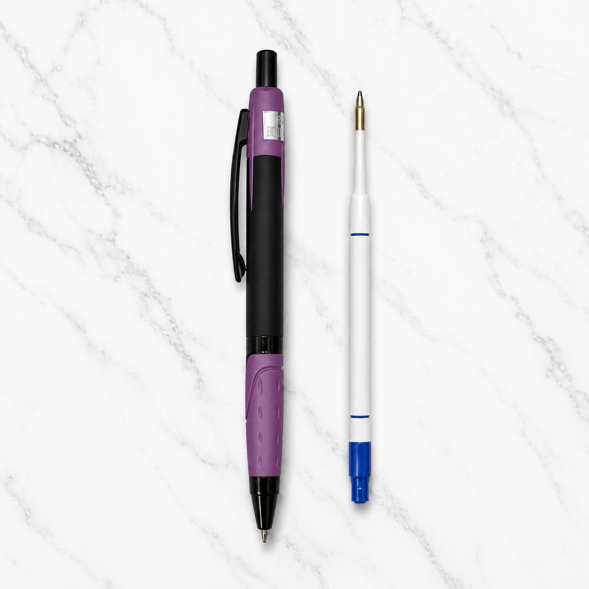 Ballpen Bazaar Ballpen Bazaar Metallic Glossy Black Colour Body with Purple Colour Design Click Mechanism Ball Pen | Blue Ink | Free 1 Blue Plastic Jotter Refill | Pack of 1 with Name Engraving