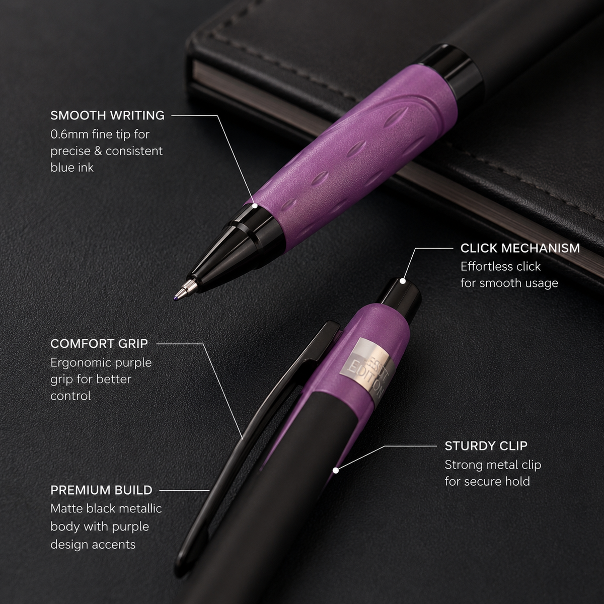 Ballpen Bazaar Ballpen Bazaar Metallic Glossy Black Colour Body with Purple Colour Design Click Mechanism Ball Pen | Blue Ink | Free 1 Blue Plastic Jotter Refill | Pack of 1 with Name Engraving
