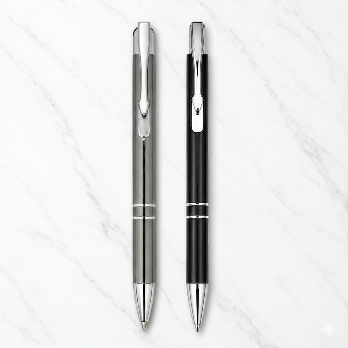 Ballpen Bazaar Ballpen Bazaar Metallic Glossy Black & Gray Click Mechanism Ball Pen Set with Silver Clip | Blue Ink | 2 Pens with 2 Extra Refills with Name Engraving