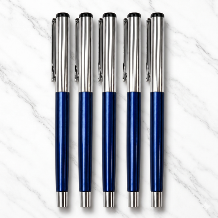 Ballpen Bazaar Ballpen Bazaar Metallic Glossy Blue Ball Pen Set of 6 with Silver Cap | Openable Metal Ball Pens | Blue Ink | Includes 6 Extra Blue Refills | Premium Gift & Office Writing Pens with Name Engraving