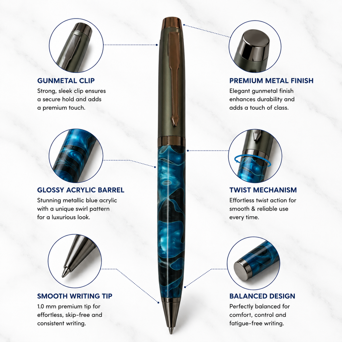 Ballpen Bazaar Ballpen Bazaar Metallic Glossy Designer Blue Acrylic Ball Pen Gunmetal Dual Colour Twist Pen with Extra Refill Blue Ink 1 Pc with Name Engraving