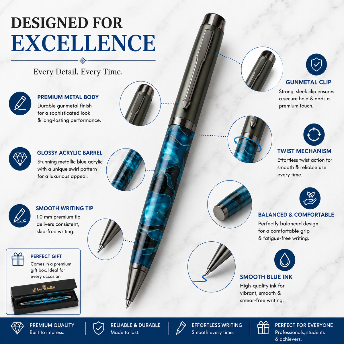 Ballpen Bazaar Ballpen Bazaar Metallic Glossy Designer Blue Acrylic Ball Pen Gunmetal Dual Colour Twist Pen with Extra Refill Blue Ink 1 Pc with Name Engraving
