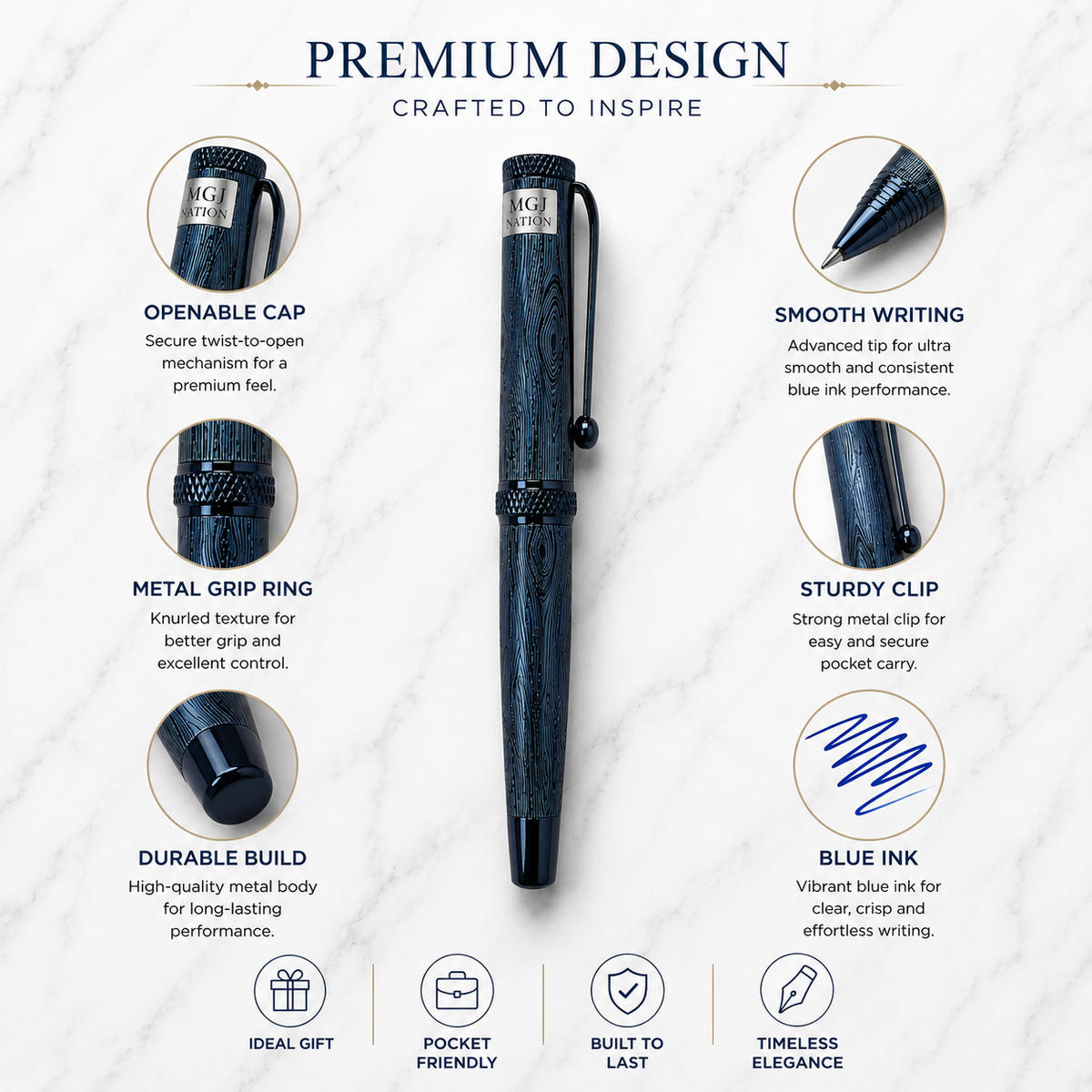Ballpen Bazaar Ballpen Bazaar Metallic Glossy Designer Blue Ball Pen with Designer Blue Cap | Openable Metal Ball Pen | Blue Ink | 1 Pen with 1 Free Extra Blue Refill with Name Engraving