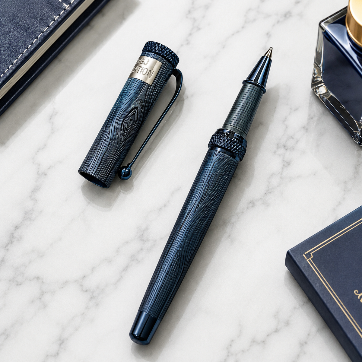 Ballpen Bazaar Ballpen Bazaar Metallic Glossy Designer Blue Ball Pen with Designer Blue Cap | Openable Metal Ball Pen | Blue Ink | 1 Pen with 1 Free Extra Blue Refill with Name Engraving