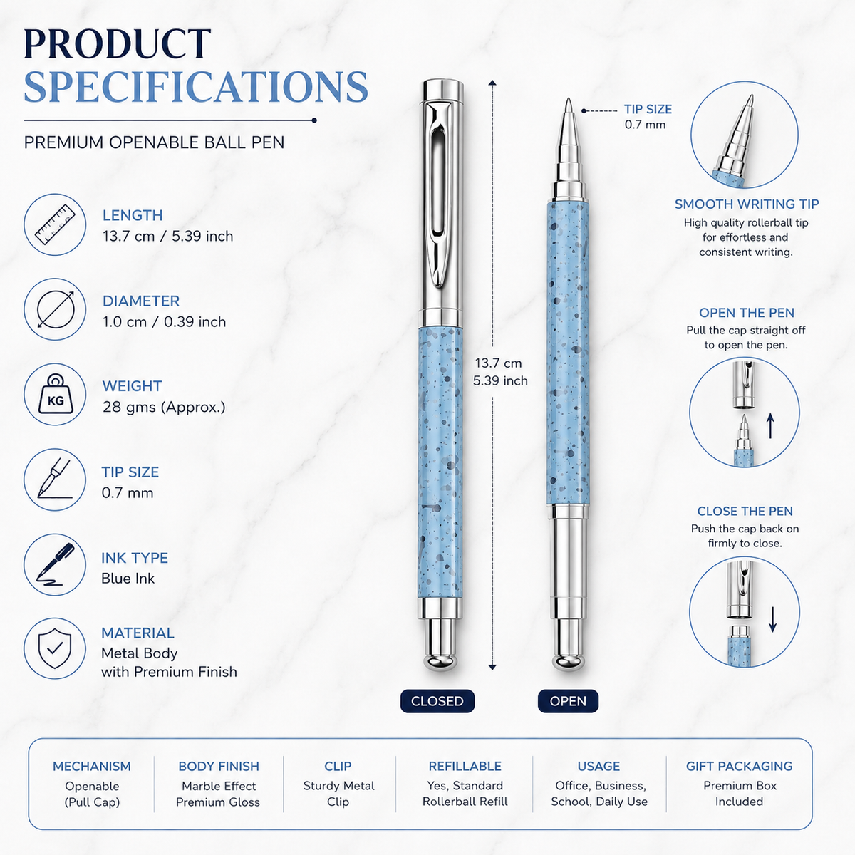 Ballpen Bazaar Ballpen Bazaar Metallic Glossy Designer Blue Square Shape Ball Pen with Silver Cap | Openable Metal Pen | Blue Ink | 1 Pen with 1 Extra Refill with Name Engraving