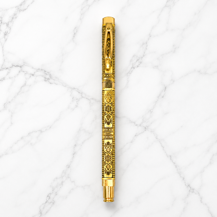 Ballpen Bazaar Ballpen Bazaar Metallic Glossy Designer Gold Ball Pen with Designer Gold Cap & Gold Clip | Openable Mechanism | Blue Ink | 1 Pen + 1 Extra Refill with Name Engraving