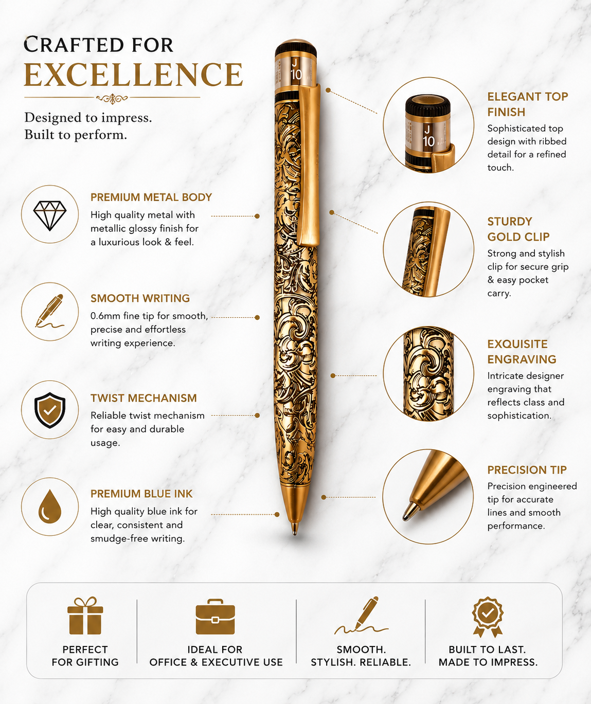 Ballpen Bazaar Ballpen Bazaar Metallic Glossy Designer Gold Ball Pen with Gold Clip | Twist Mechanism | Black Ink | Premium Metal Writing Pen | 1 Pen with 1 Extra Black Refill | Pack of 1 with Name Engraving