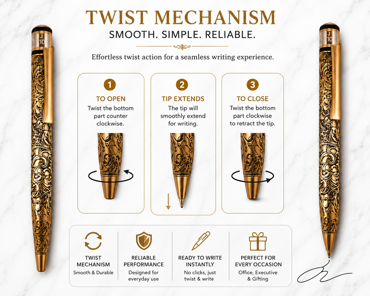 Ballpen Bazaar Ballpen Bazaar Metallic Glossy Designer Gold Ball Pen with Gold Clip | Twist Mechanism | Black Ink | Premium Metal Writing Pen | 1 Pen with 1 Extra Black Refill | Pack of 1 with Name Engraving