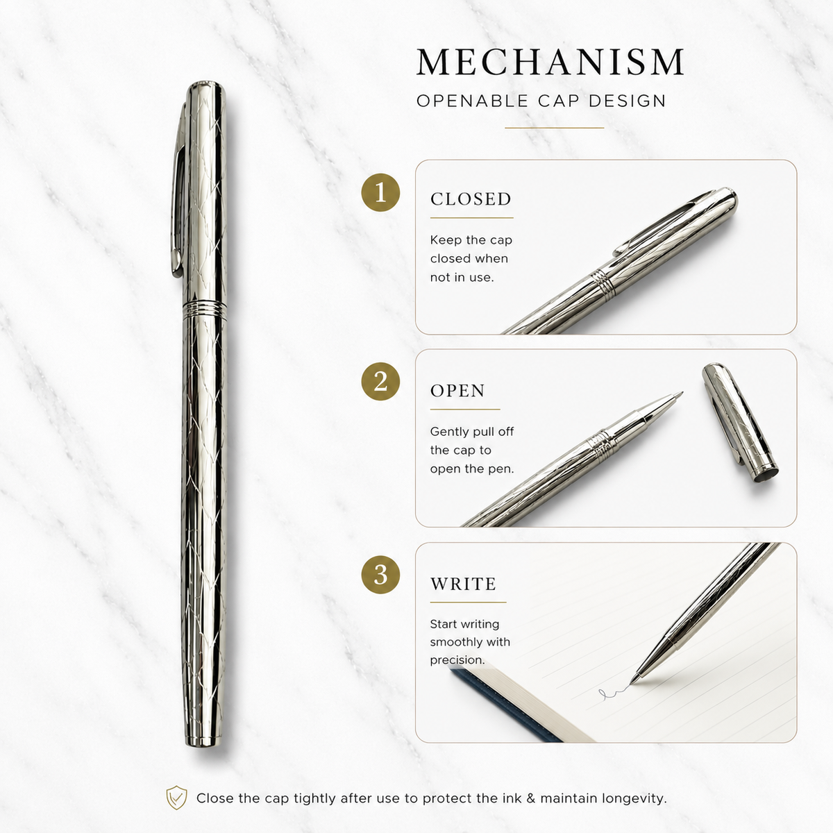 Ballpen Bazaar Ballpen Bazaar Metallic Glossy Designer Silver Ball Pen with Designer Silver Cap | Openable Mechanism | Smooth Blue Ink | Premium Metal Writing Pen | 1 Pen with 1 Extra Blue Refill | Pack of 1 with Name Engraving