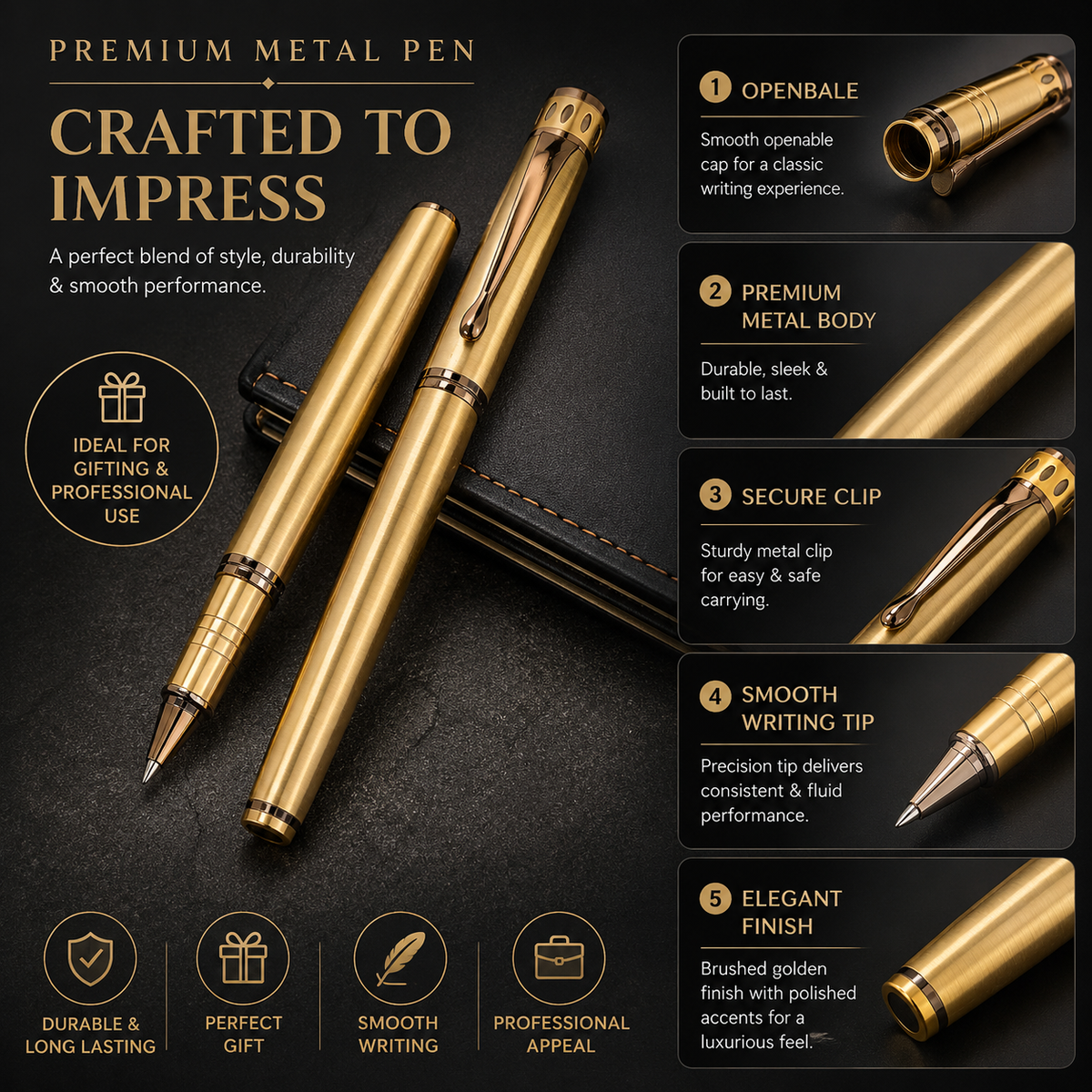 Ballpen Bazaar Ballpen Bazaar Metallic Glossy Full Gold Ball Pen with Brown Designer Cap | Openable Metal Ball Pen | Blue Ink | 1 Pen with 1 Extra Blue Refill with Name Engraving