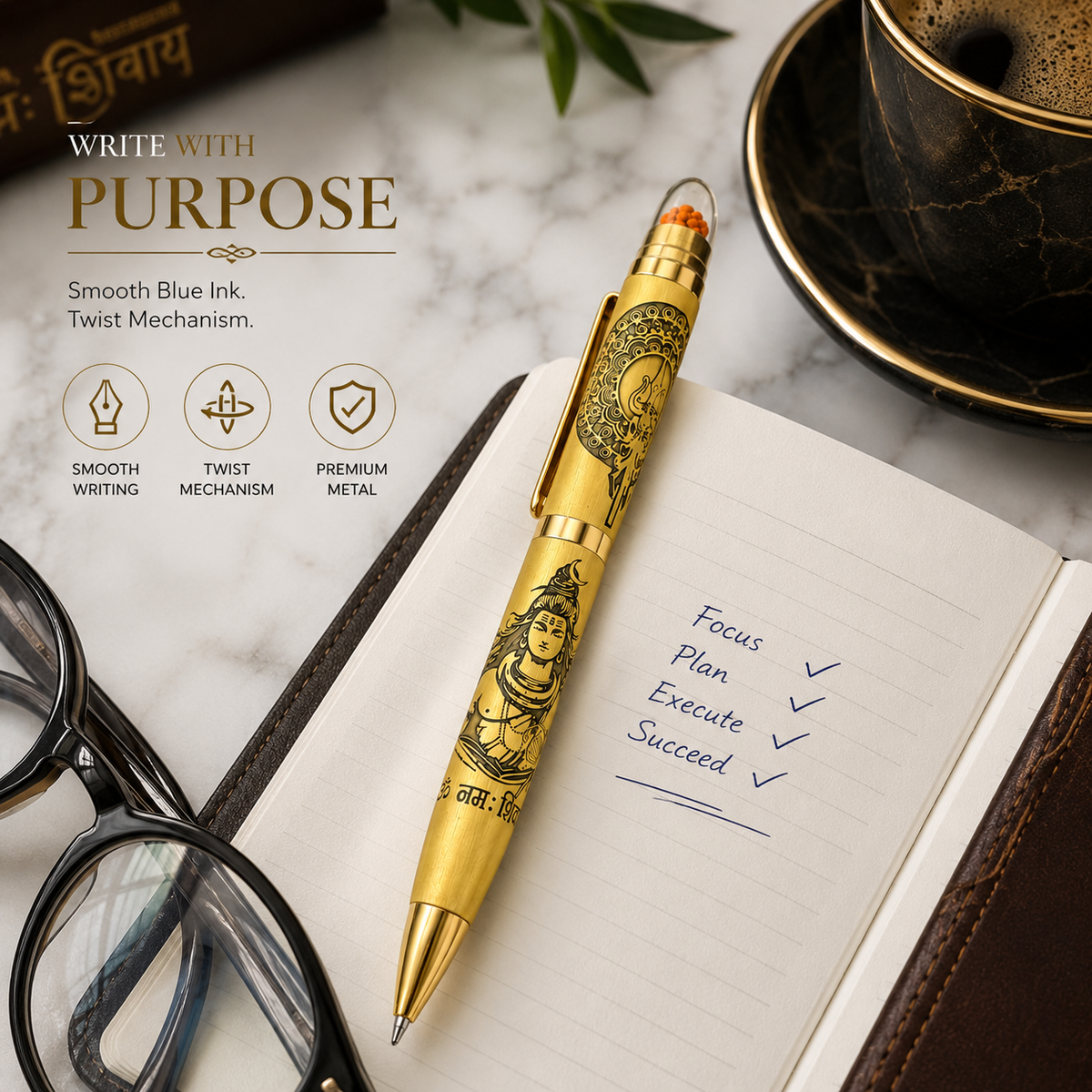 Ballpen Bazaar Ballpen Bazaar Metallic Glossy Gold Ball Pen with Shiv Ji Engraving & Rudraksh Top | Premium Twist Mechanism | Blue Ink | 1 Pen with 1 Extra Refill with Name Engraving