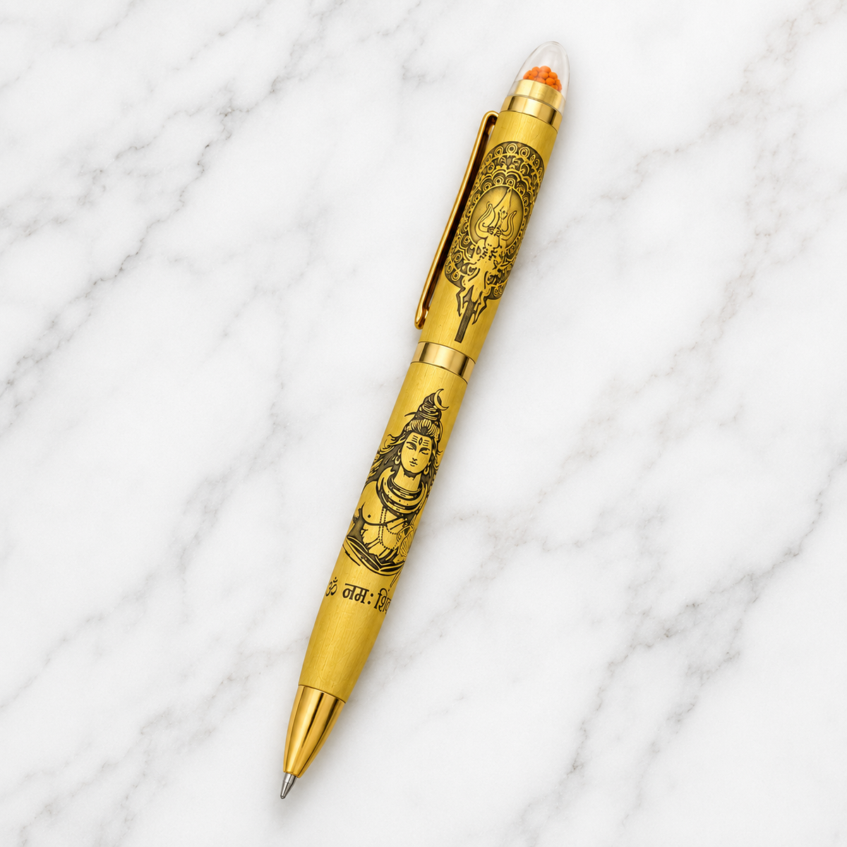 Ballpen Bazaar Ballpen Bazaar Metallic Glossy Gold Ball Pen with Shiv Ji Engraving & Rudraksh Top | Premium Twist Mechanism | Blue Ink | 1 Pen with 1 Extra Refill with Name Engraving