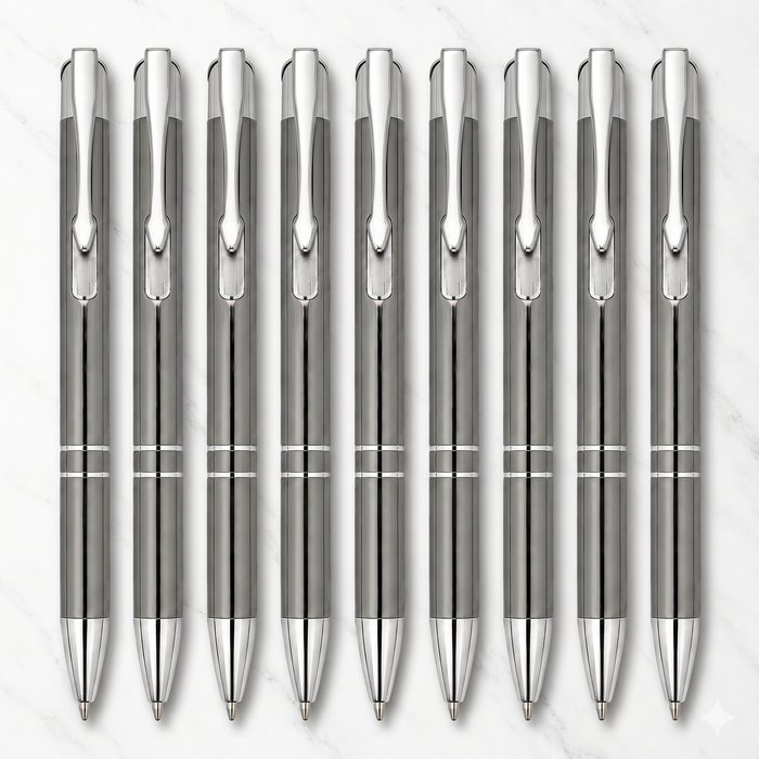 Ballpen Bazaar Ballpen Bazaar Metallic Glossy Gray Click Ball Pen Set of 8 with 8 Extra Blue Ink Refills | Silver Clip | Premium Metal Pens for Office, Business, Students & Corporate Gifting with Name Engraving