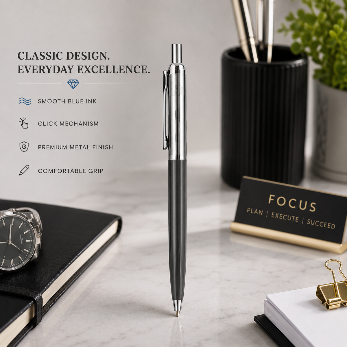 Ballpen Bazaar Ballpen Bazaar Metallic Glossy Gray & Silver Dual Colour Ball Pen with Silver Clip | Click Mechanism | Blue Ink | Premium Metal Pen | 1 Pen with 1 Extra Refill with Name Engraving