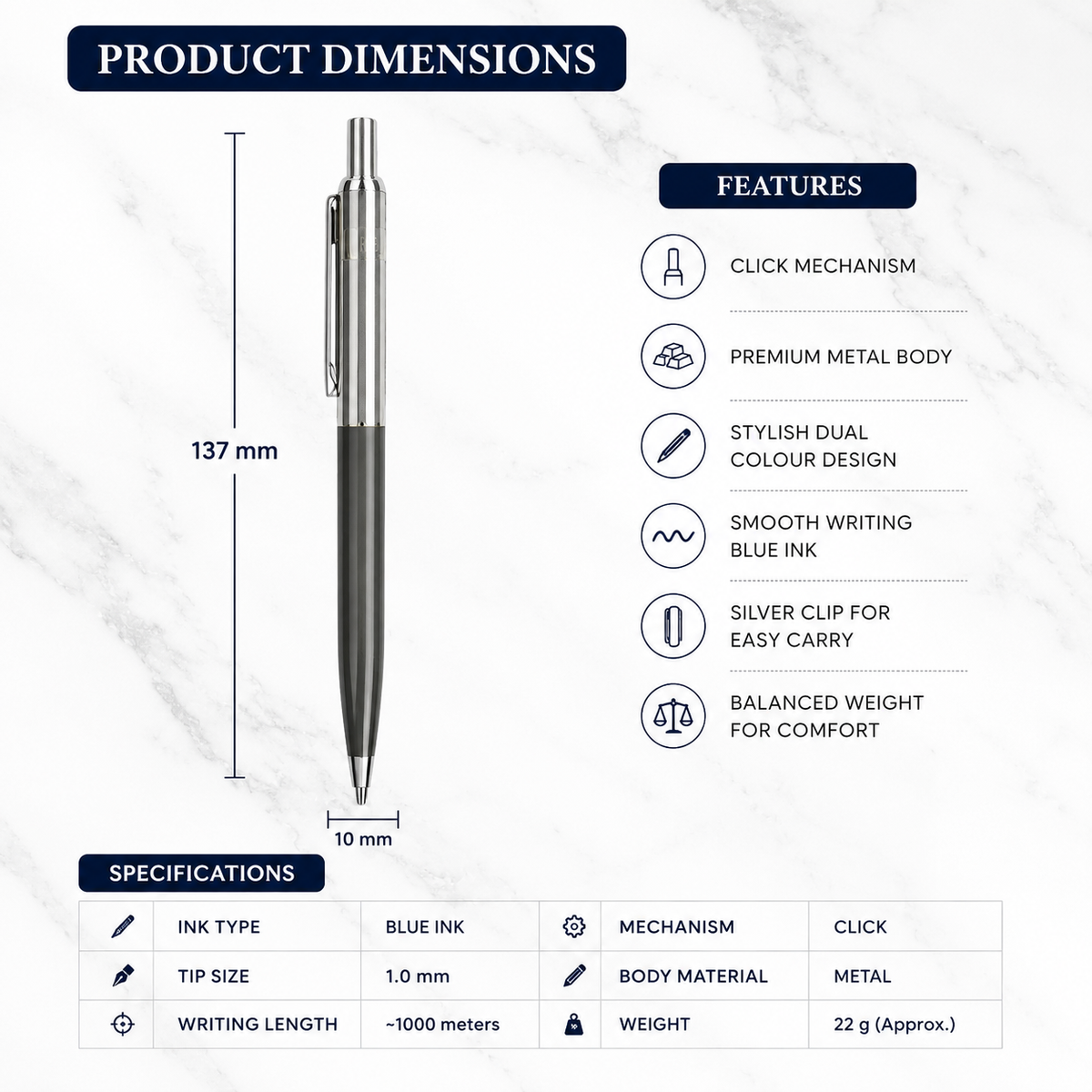 Ballpen Bazaar Ballpen Bazaar Metallic Glossy Gray & Silver Dual Colour Ball Pen with Silver Clip | Click Mechanism | Blue Ink | Premium Metal Pen | 1 Pen with 1 Extra Refill with Name Engraving