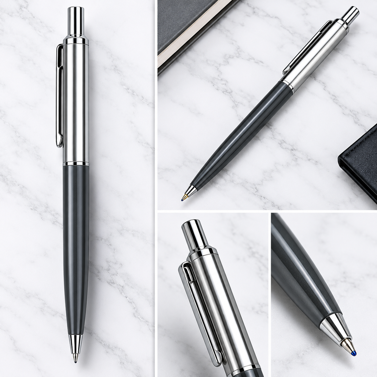 Ballpen Bazaar Ballpen Bazaar Metallic Glossy Gray & Silver Dual Colour Ball Pen with Silver Clip | Click Mechanism | Blue Ink | Premium Metal Pen | 1 Pen with 1 Extra Refill with Name Engraving